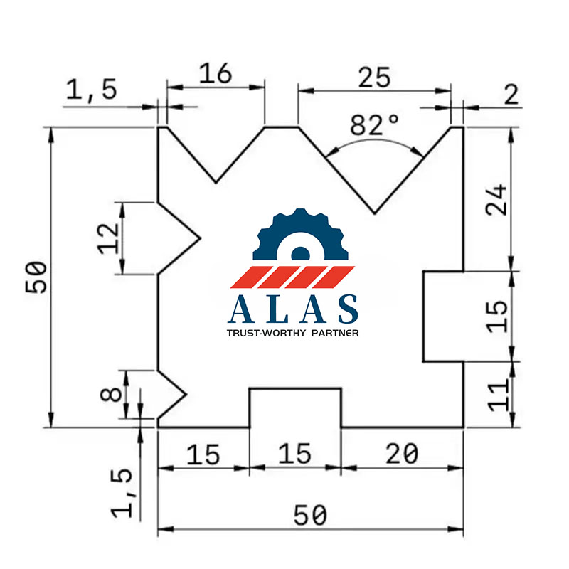 ALAS 50x50mm Multi-V Press Brake Die Section Specification Dibujo de troquel plegadora ALAS multi-V: perfil de sección transversal de 50x50 mm con ranuras en V de flexión de 16 mm, 25 mm, 12 mm y 8 mm