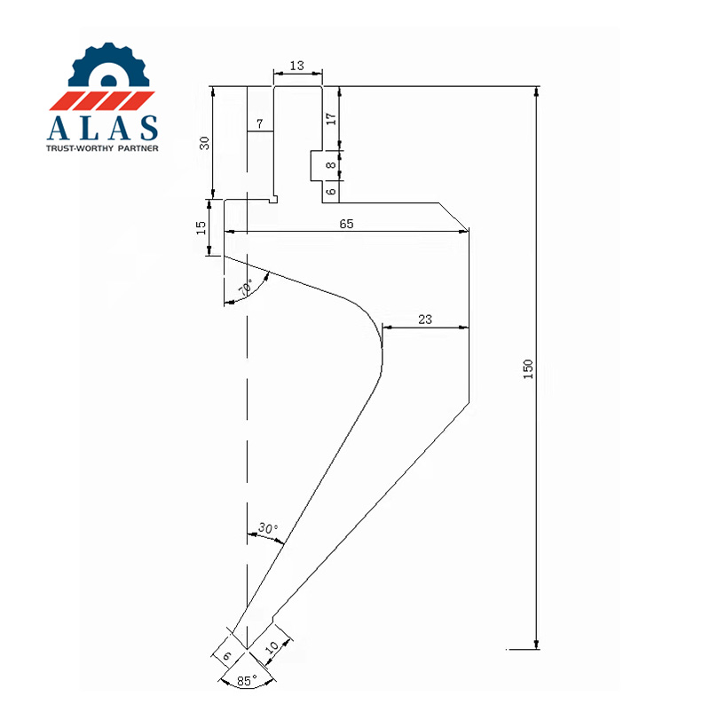 ALAS 150mm Gooseneck Press Brake Upper Punch Specifications Dibujo del punzón de plegadora con cuello de cisne ALAS: plano de 150 mm de altura con punta de 85 grados y perfil de sujeción estilo europeo