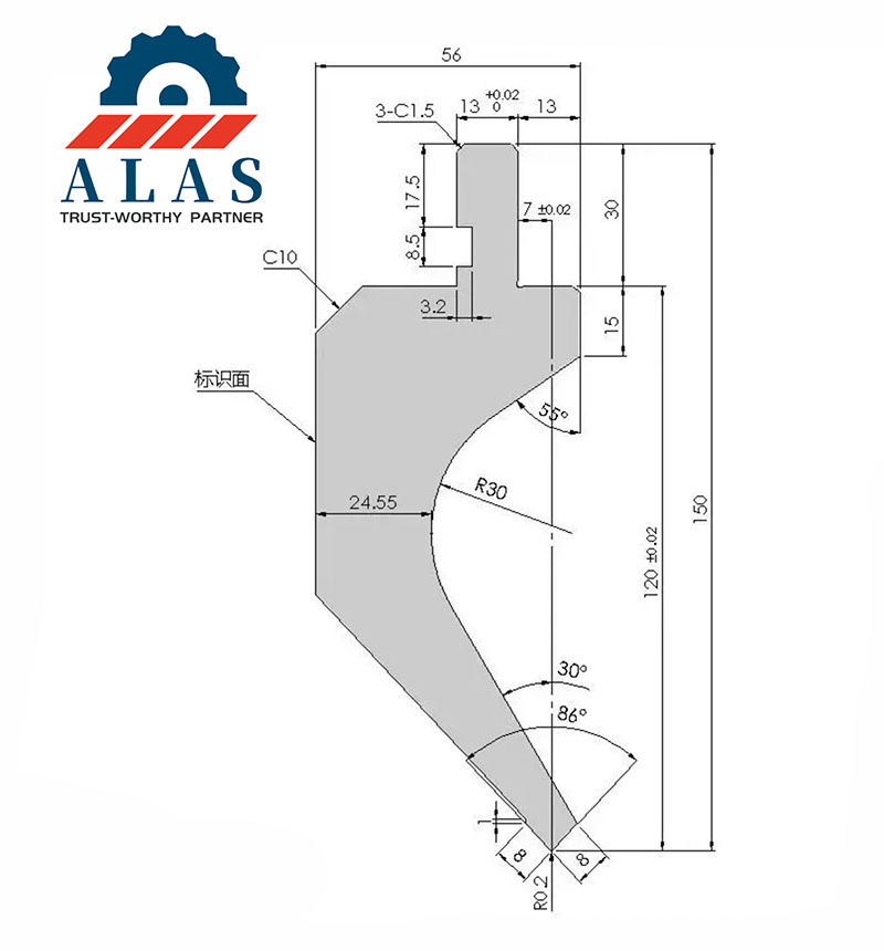 ALAS Standard 150mm Gooseneck Punch Bending Tool Dimensions Dibujo del punzón de la plegadora con cuello de cisne ALAS: altura de 150 mm, ángulo de punta de 86 grados y especificaciones de perfil de espacio libre R30