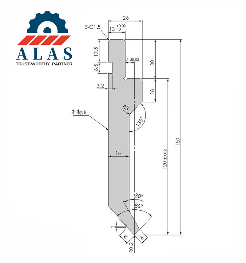 ALAS Standard 150mm Straight Upper Punch Specifications Plano del punzón de plegadora recta ALAS: altura de 150 mm, ángulo de punta de 86 grados y perfil de sujeción estilo europeo estándar