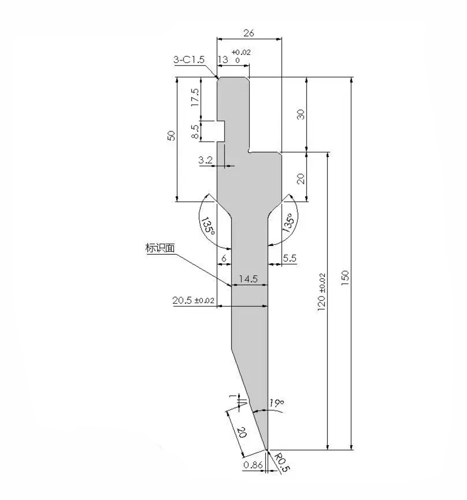 Dibujo t&eacute;cnico CAD de herramientas de plegadora CNC de precisi&oacute;n punz&oacute;n superior 