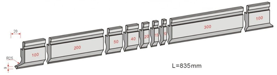 Punz&oacute;n de herramientas para plegadora CNC segmentado con una longitud de secci&oacute;n completa de 835 mm