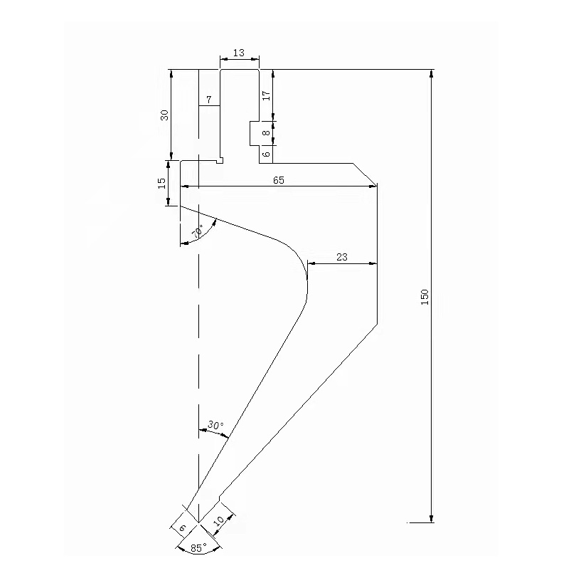 Dibujo técnico de punzón superior para prensa dobladora con especificaciones de ángulo y radio