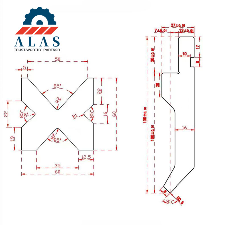 Dibujo de ingenier&iacute;a t&eacute;cnica que muestra las dimensiones de la secci&oacute;n transversal de un punz&oacute;n superior de prensa plegadora y un troquel inferior multi-V de 4 v&iacute;as
