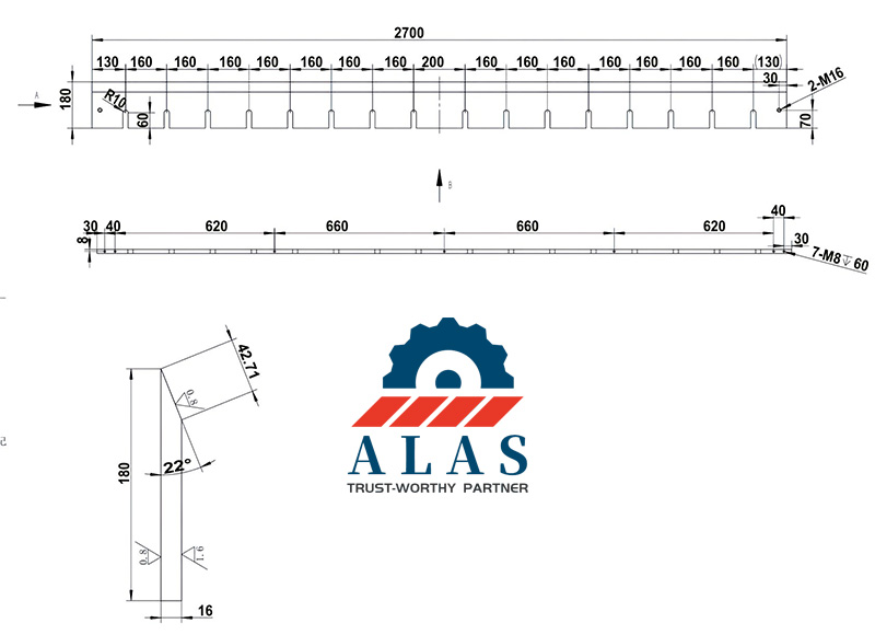 Plano de ingenier&iacute;a de precisi&oacute;n de una cuchilla trituradora de madera personalizada con espaciado exacto entre orificios para pernos y &aacute;ngulos de corte