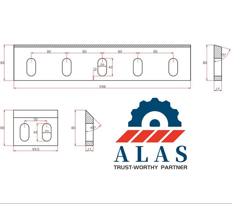 Plano de ingenier&iacute;a t&eacute;cnica de precisi&oacute;n de las hojas del granulador de pl&aacute;stico ALAS que muestra las dimensiones exactas de los orificios para pernos de m&uacute;ltiples ranuras y los &aacute;ngulos de corte