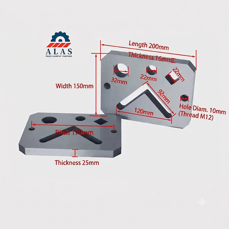 Dibujo de dimensiones t&eacute;cnicas de las hojas de corte de hierro en &aacute;ngulo ALAS para herreros, que muestra 200 mm de longitud y 16 mm de espesor