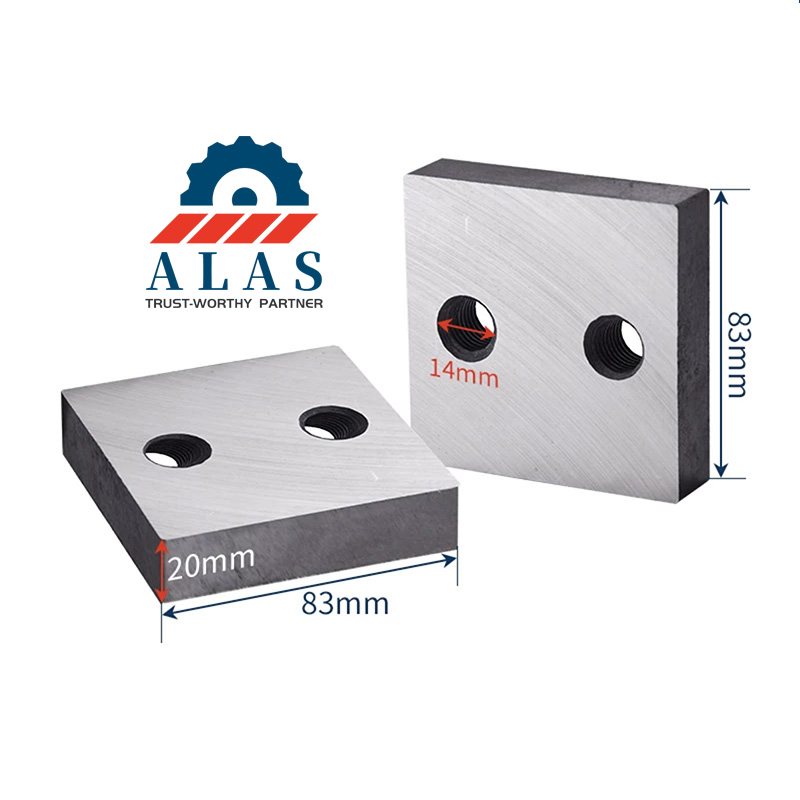 Cuchilla cortadora de barras de refuerzo cuadrada con dimensiones de 83 mm por 83 mm, 20 mm de espesor y orificios para pernos de doble rosca de 14 mm