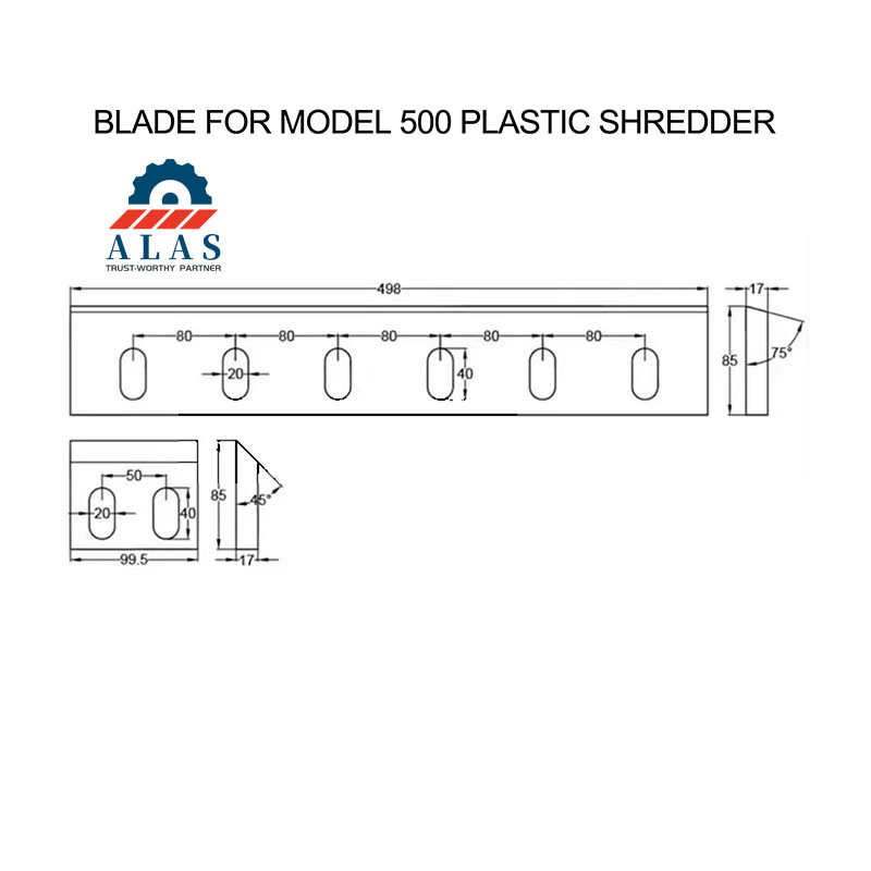 Dibujo t&eacute;cnico CAD y dimensiones de la cuchilla trituradora de pl&aacute;stico y la cuchilla granuladora modelo 500