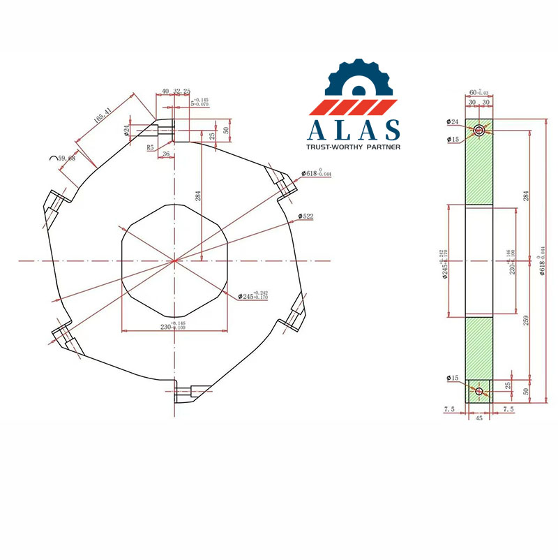 Dibujo de ingenier&iacute;a t&eacute;cnica de la cuchilla trituradora industrial de doble eje ALAS con di&aacute;metro exterior de 618 mm y especificaci&oacute;n de orificio interior octogonal