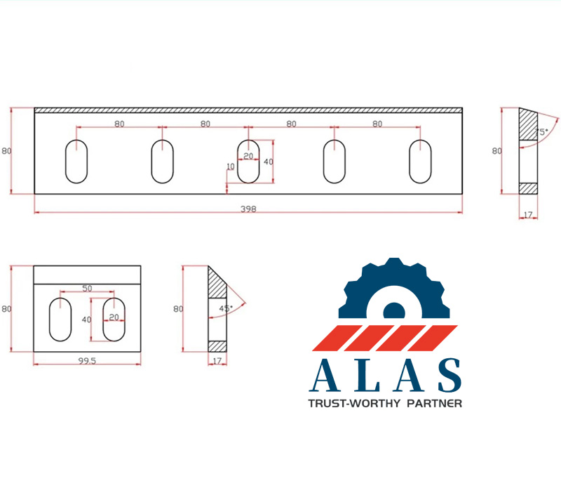Dibujo de dimensiones t&eacute;cnicas de las cuchillas trituradoras de pl&aacute;stico SKD-11 con &aacute;ngulos personalizados